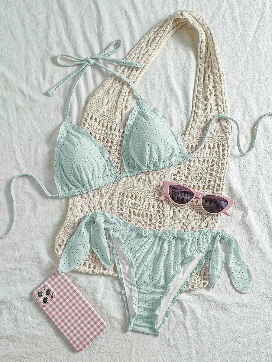 

Mint Green Eyelet Lace Halter Tie Bikini Set For Women Summer Beach Vacation