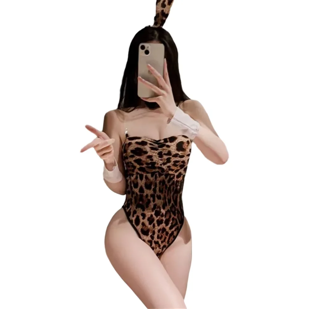 

Сексуальный эротический костюм-боди «Дикий леопард» без бретелек с ушками кролика, комплект нижнего белья для косплея