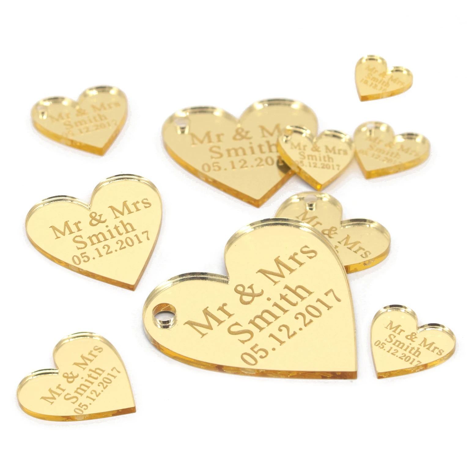 

20/50/100 Stuks Gepersonaliseerde Acryl Liefde Hart Tag Gegraveerd Custom Wedding Naam Baby Doop Spiegel Goud Tag decoratie Gift