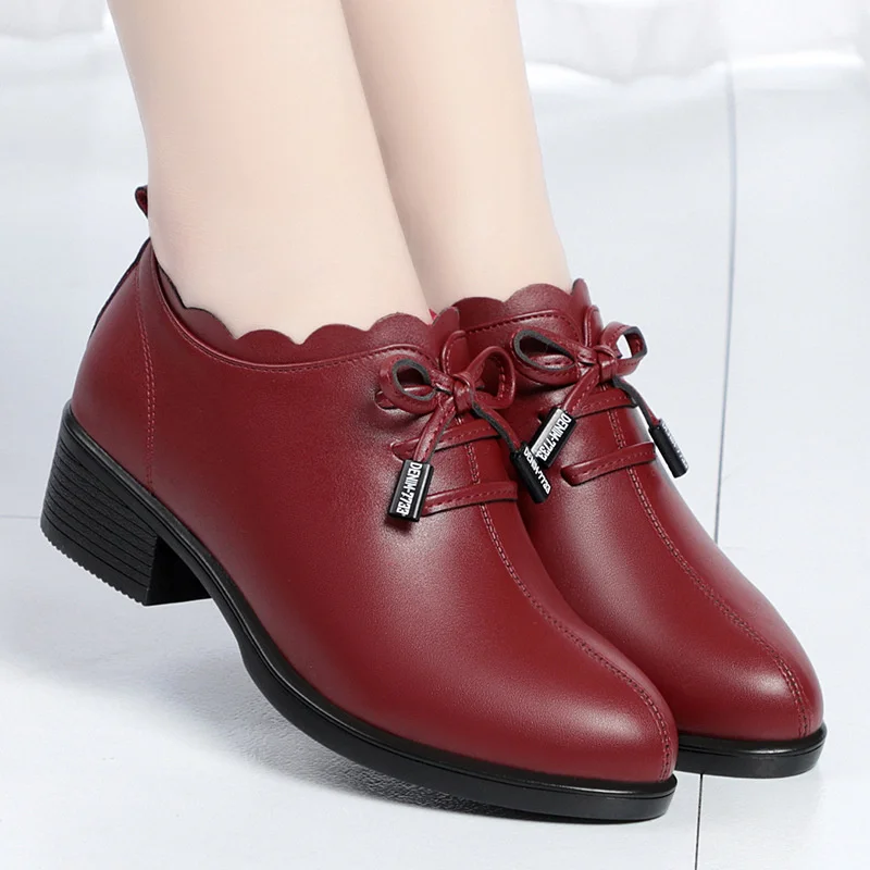 Spring Autumn New Women Fashion Lace Leather Platform Pumps Korean Style Casual Waterproof Pointed Toe Short Shoes