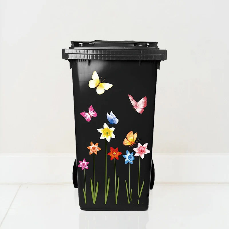 Flower Trash Can Stickers Daisy Lily Wheel Garbage Can Sticker Self-Adhesive PVC Decals Waterproof Decorative Sticker Wall Decor view 5