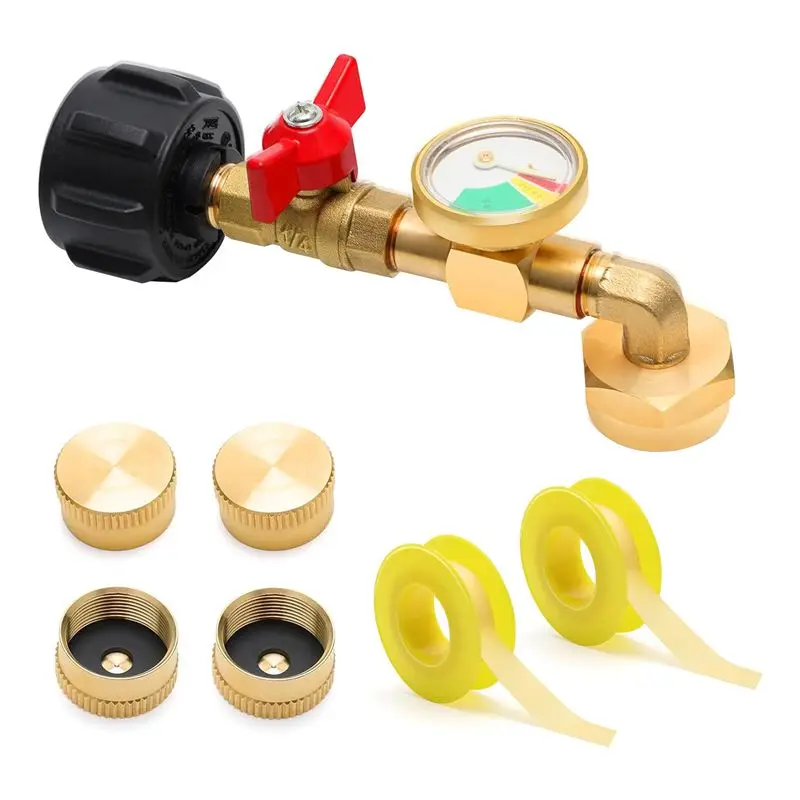 

Адаптер для заправки пропаном ABAH-7PCS, 90-градусный адаптер для заправки пропаном под давлением с клапаном и набором манометров для пропанового баллона QCC1