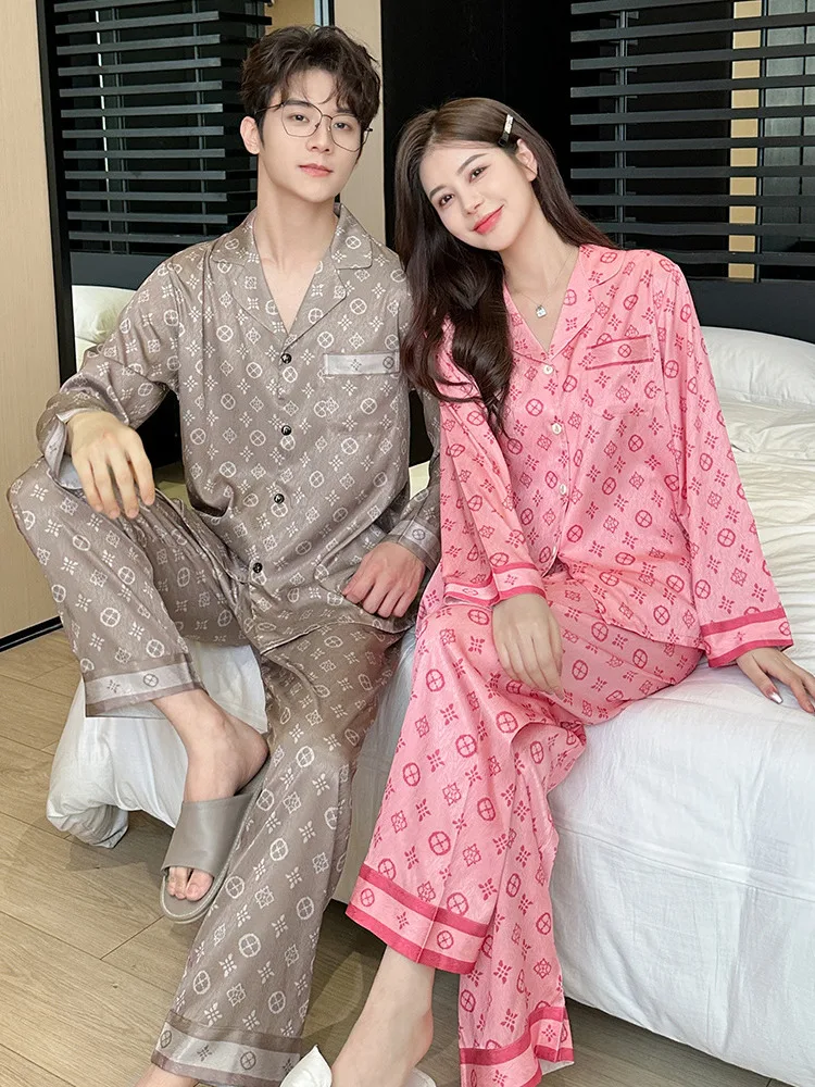 TXii Spring and Autumn Couple Ice Silk Pajamas Men and Women\'s Long-Sleeved Thin Suit Casual Outwear High-Style Home Clothes