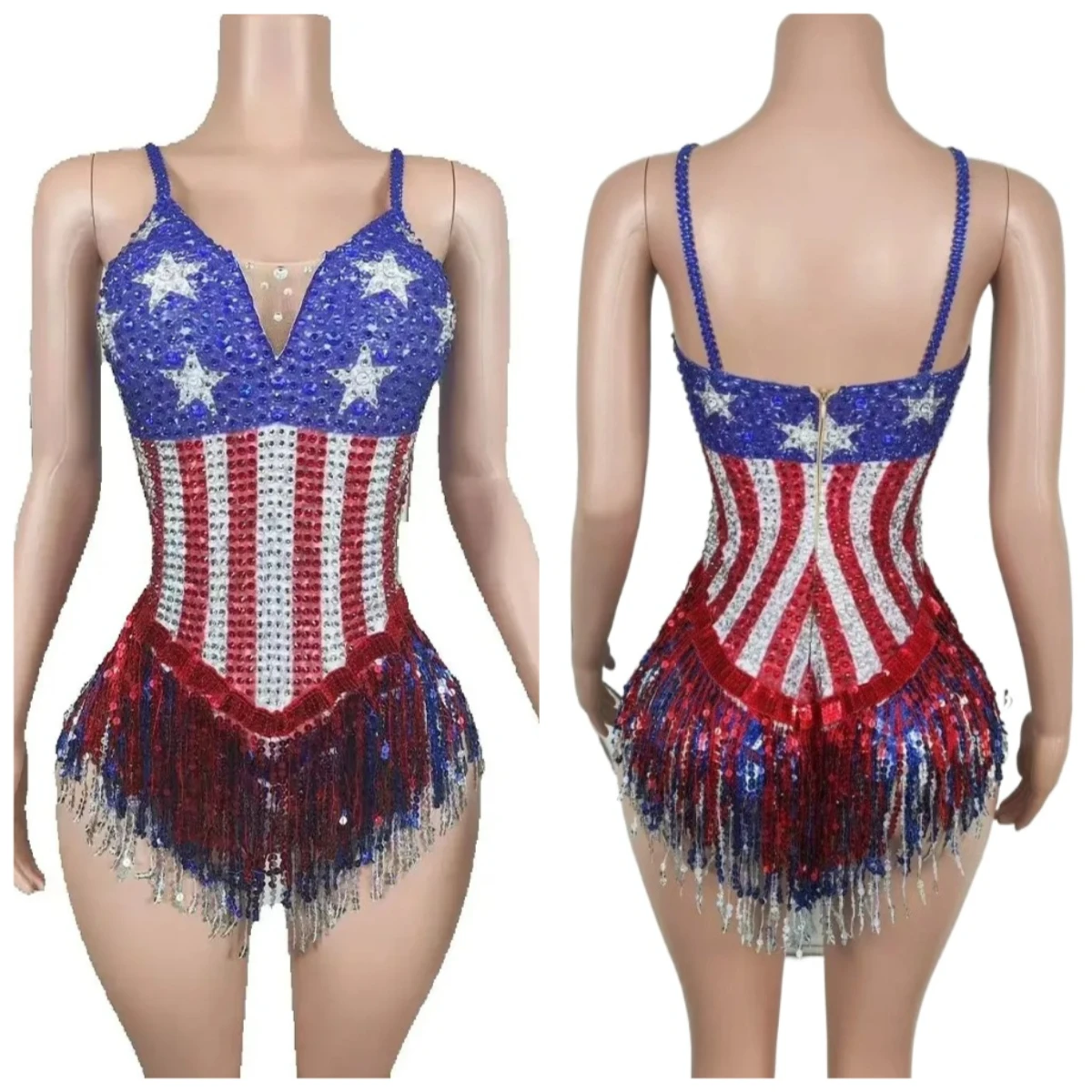 Vrouwen sexy backless sprankelende strass kwastje bodysuit sexy prestaties dans kostuum zanger danser turnpakje show podiumkleding