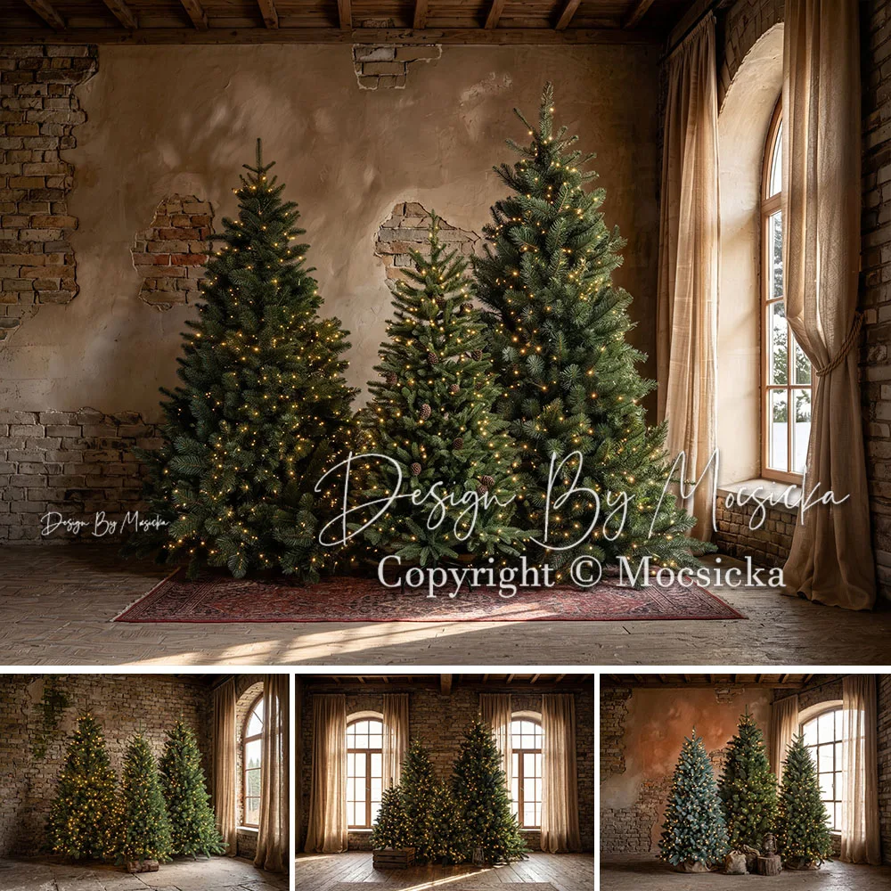 Mocsicka Christmas Room Backdrop Photography Pine Trees Rustic Brick Wall Holiday Light Wood Floor Scene Background Studio Photo