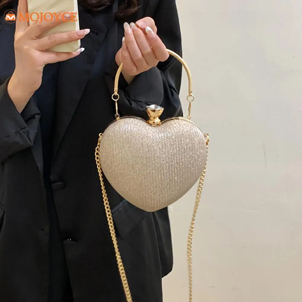 Evening Clutch Bag Women Bag Shiny Handbag Heart Shape Metal Evening Bag Fashion Chain Shoulder Crossbody Bag Luxury Lady Purses