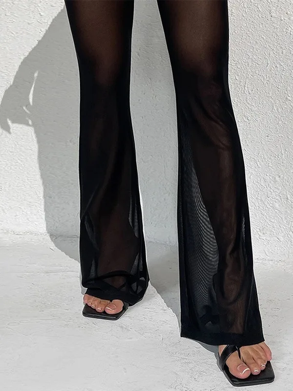 

High Waist Mesh See through Bell Bottom Pants Fashionable Sexy Summer Trousers for Women Cross Border New Arrival
