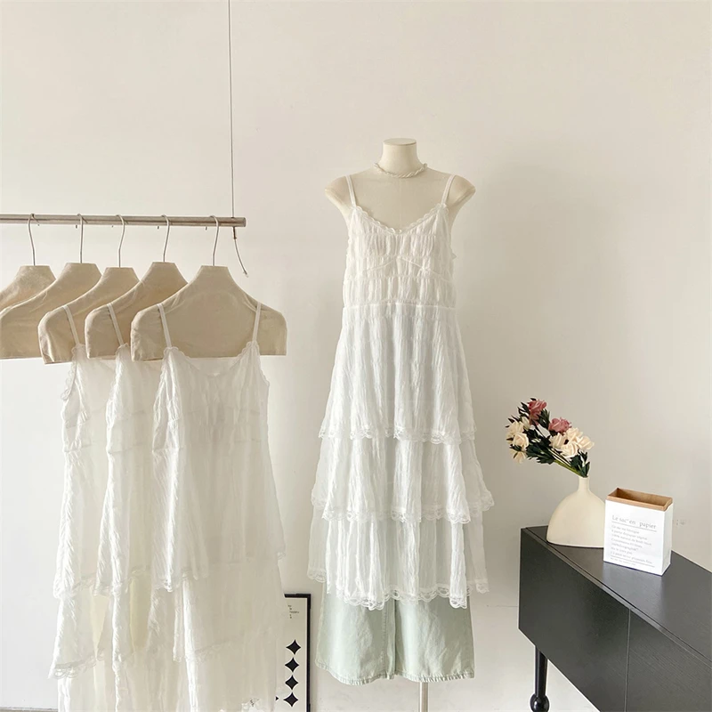 Women White Camis Dress Lace Patchwork Summer Korean Fashion Sexy Long Skirt Thin Off Shoulder Cake Dresses Ins Female Clothes