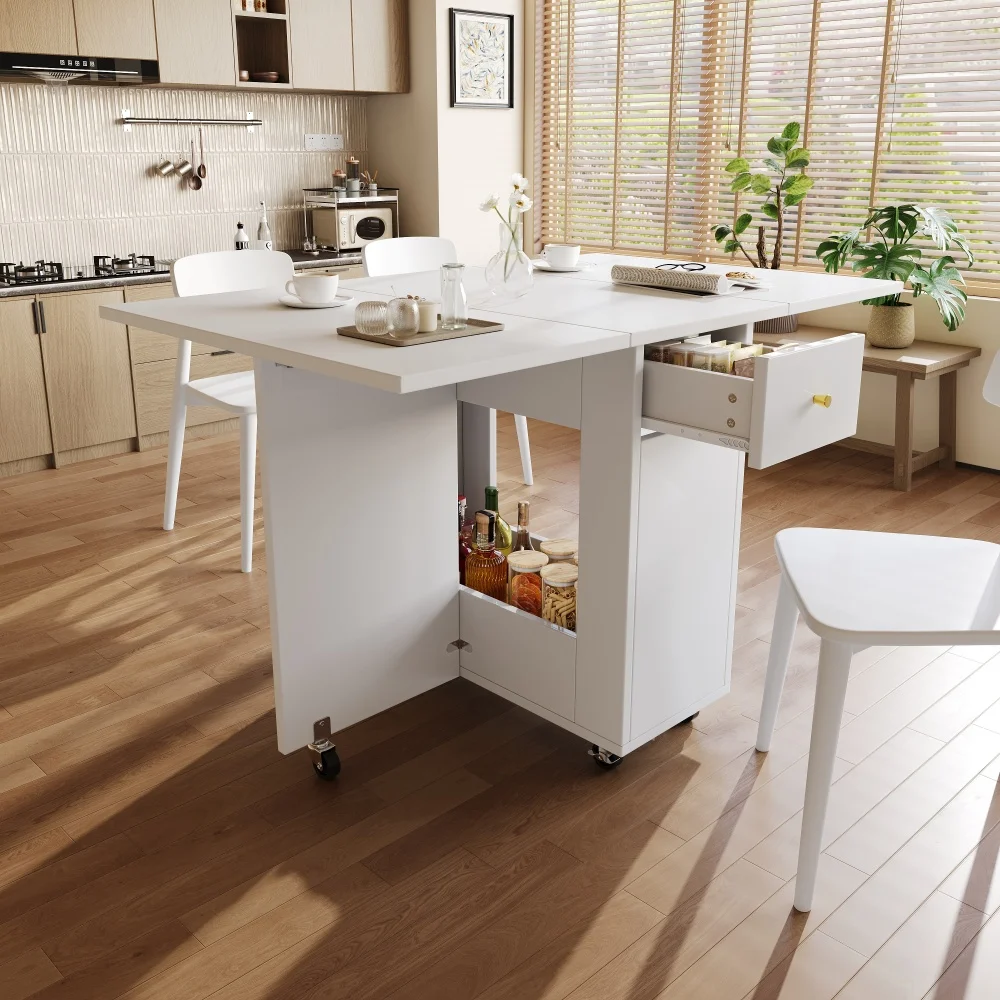 Mesa de Comedor Plegable de 120x75x75cm, Encimera de Cocina Móvil, para 2-4 Personas, con Espacio de Almacenamiento Abierto, 2 Cajones, Ruedas con Freno