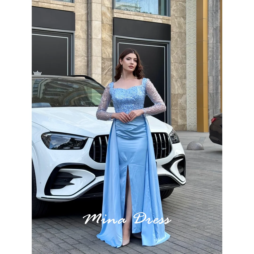 

Mina Customized Sequins. Long Sleeves Simple and Elegant Formal Dress Square Collar Prom Dresses Luxury Women Evening Dress Slit