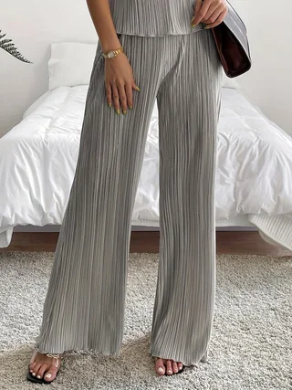 Fashion Women\'s Solid Color Pleated Elasticated Waist Straight Leg Casual Pants High Waist Loose Drap Trousers Women