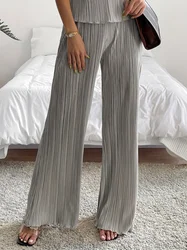 Fashion Women's Solid Color Pleated Elasticated Waist Straight Leg Casual Pants High Waist Loose Drap Trousers Women