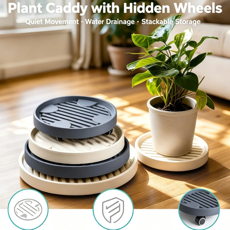 Hidden Wheel Plant Pot Saucer Movable Flower Pot Tray With Rollers Round Plastic Drip Tray For Indoor Garden Home Decor