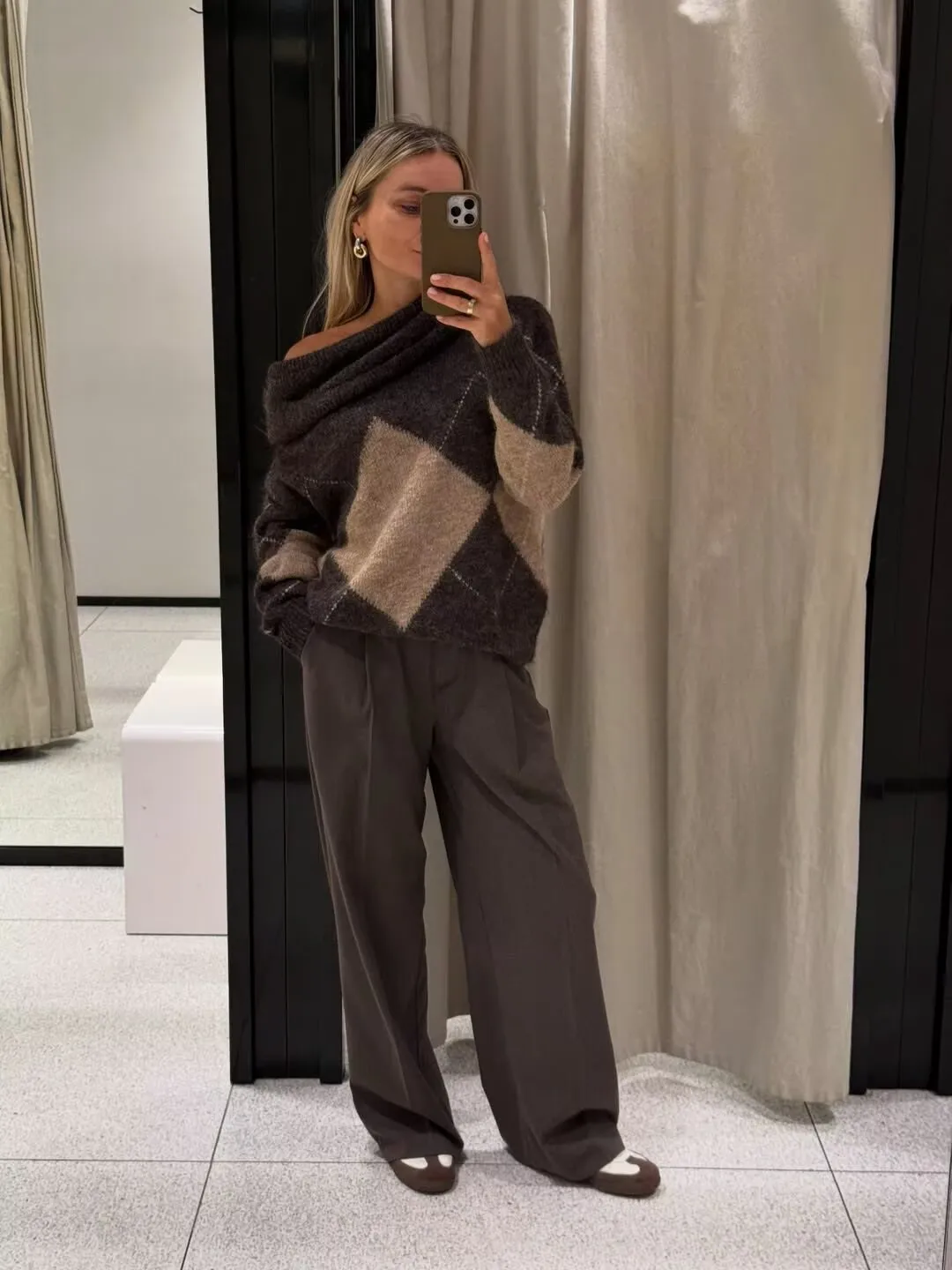 Mingmingxi винтажный сексуальный вязаный свитер с открытыми плечами для женщин, свободный свитер с длинными рукавами, повседневный пуловер Argyle, осень-зима