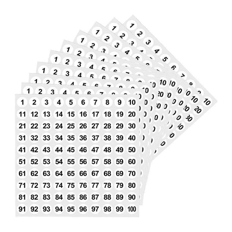 10 Hojas de Etiquetas Adhesivas Redondas con Números del 1 al 100, Etiquetas Redondas de 10 mm para Cajas de Almacenamiento y Oficina