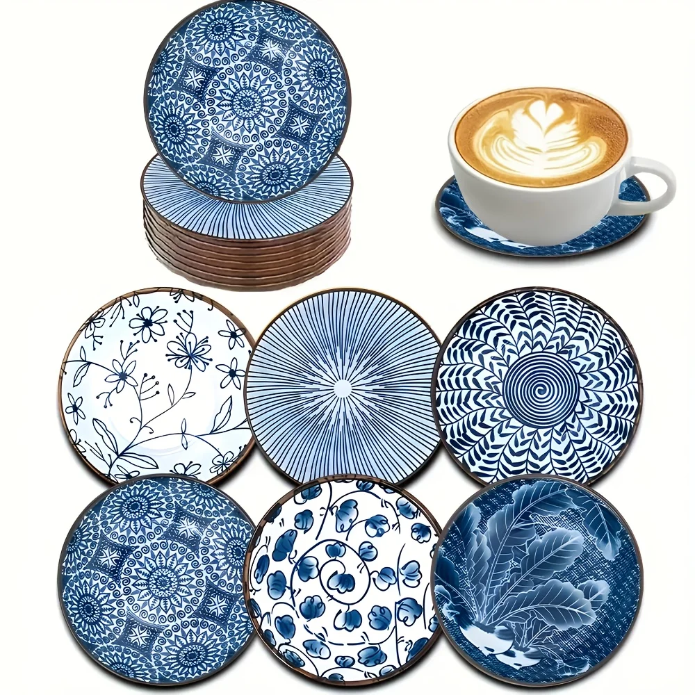 Elegant Blue Wooden Coasters Circular 2D Shape Various Cup Sizes Tabletop Protection Living Room Office Decoration Artworks Gift