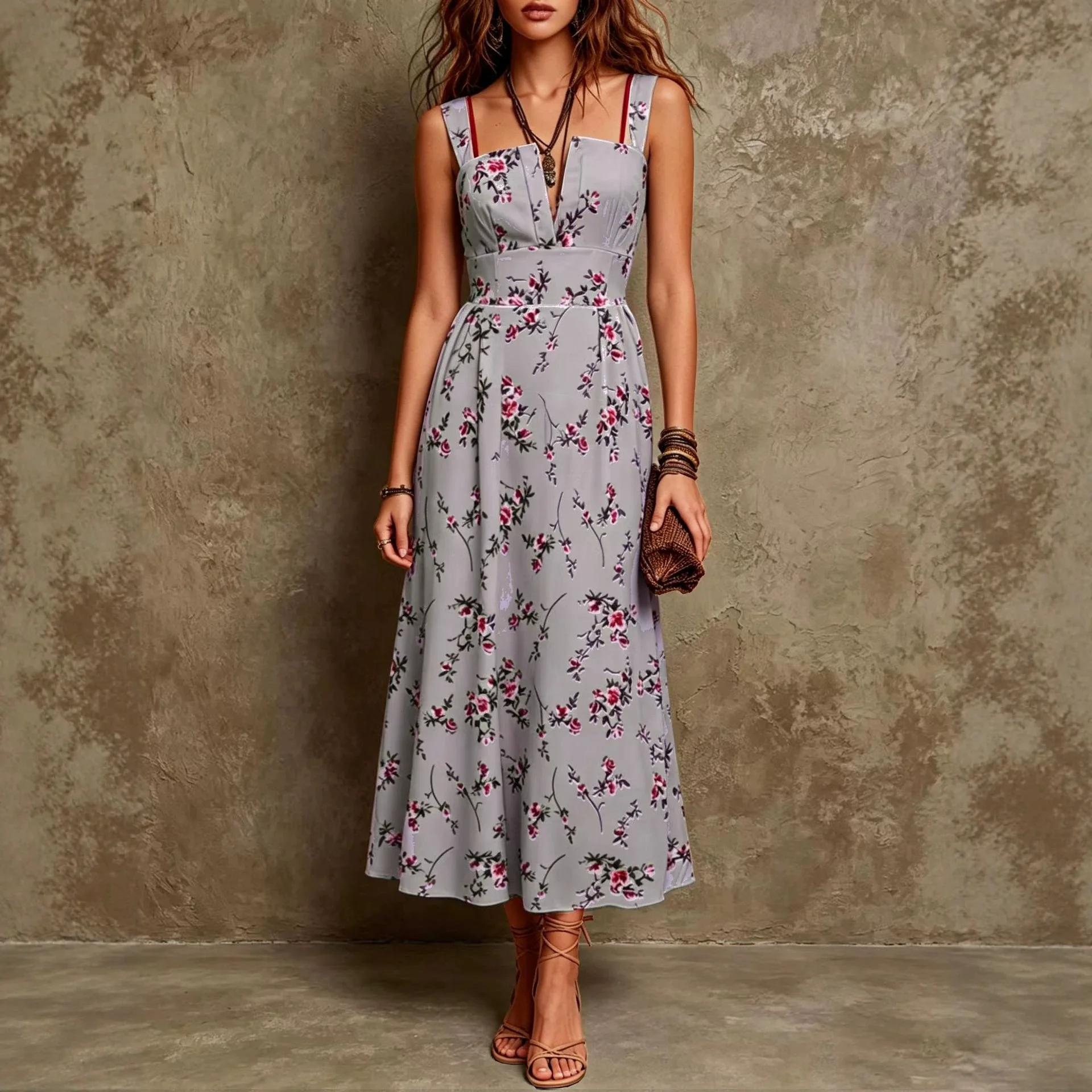 Bohemian Square Neck Printed Dress Dresses Spring Summer Floral Maxi Jumpsuit Playsuit Matching Set 3