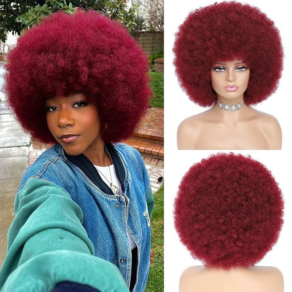 

Brazilian Human Hair Short Fluffy Afro Kinky Wave Wig For Black Women Remy Human Hair Wigs Afro Curly Wig Burgundy Natural Brown