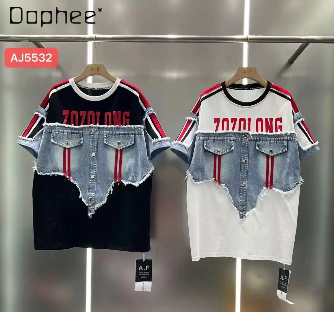 

European Casual T-shirt Women's Summer New Denim Patchwork Button Design Letter Print Crew Neck Short-sleeved Top Trend