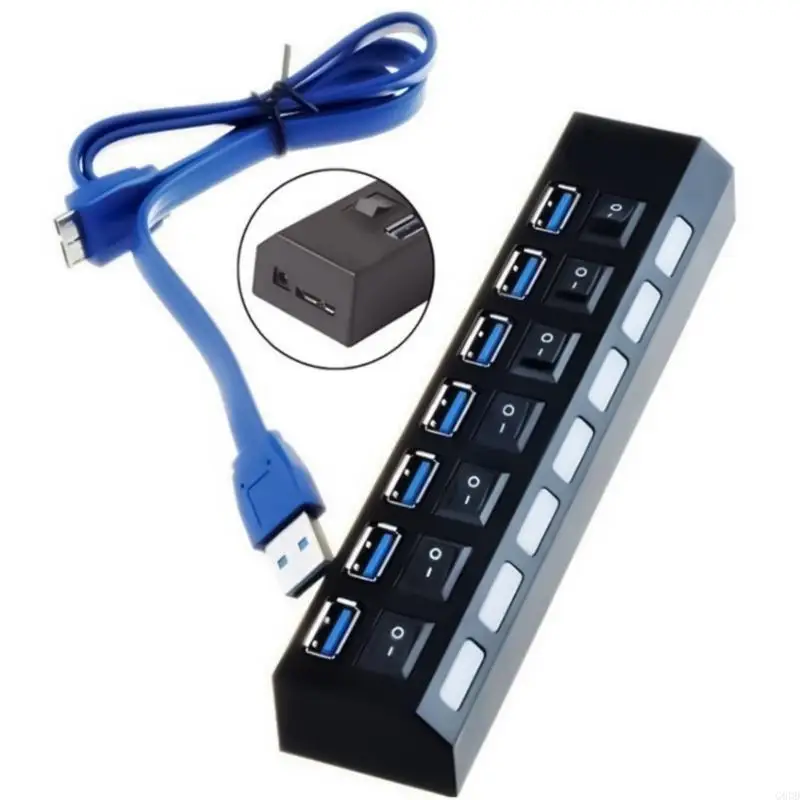 G6DD USB Hub Power Adapter Multi USB Splitter 7 Port Multiple USB 2.0 Hub Expander USB Hub with Switches for PC Desktop