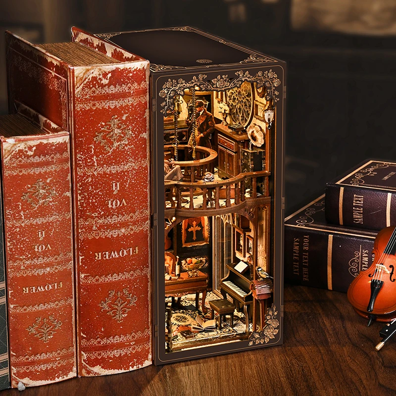 Kit de modelo en miniatura de madera para rincón de libros, caja oscura, estuche misterioso, sujetalibros, rompecabezas 3D con estantería ligera para amigos, regalo de cumpleaños