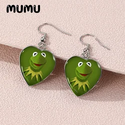 2024 New Kermit the Frog Dangle Earring The Muppets Heart Shaped Earrings Handmade Glass Dome Jewelry Gifts Fans