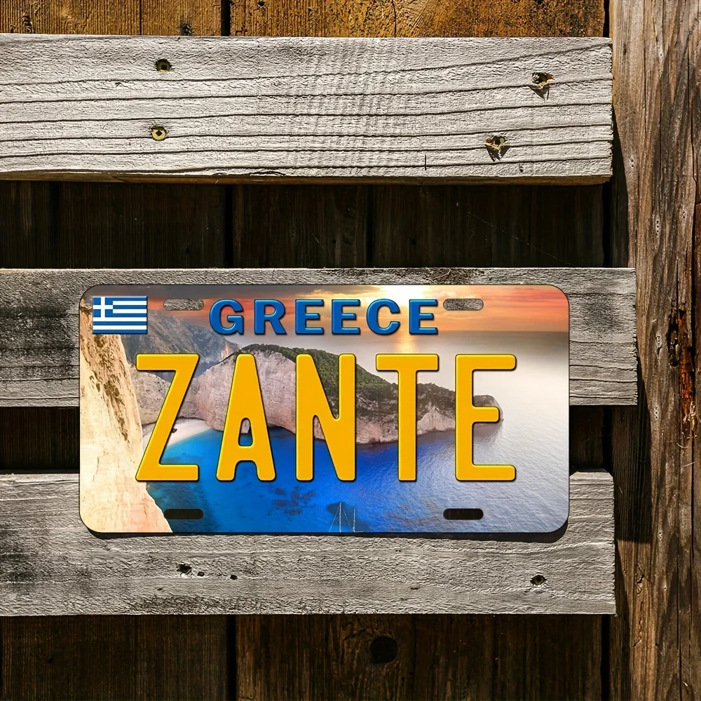 1pc Vintage Greece Zante Metal Sign - 6x12 Inch Retro Greek Island Wall Decor with Greek Flag Colors (, Green) - Durable Alum