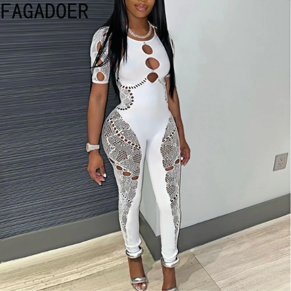 FAGADOER Mesh Lace Up Jumpsuits Women Sexy Coquette Hollow Diamonds Patchwork See Through Slim Overalls Night Club Party Wear