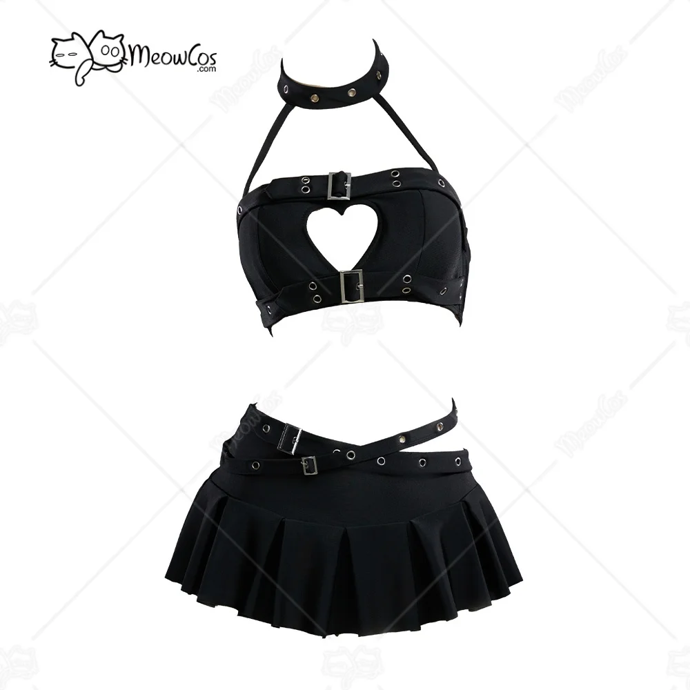 US Stock MEOWCOS Women Dark Rebel Gothic Black Heart Cutout Swimsuit Punky Buckle Two-Piece Beach Wear Halter Top and Culottes