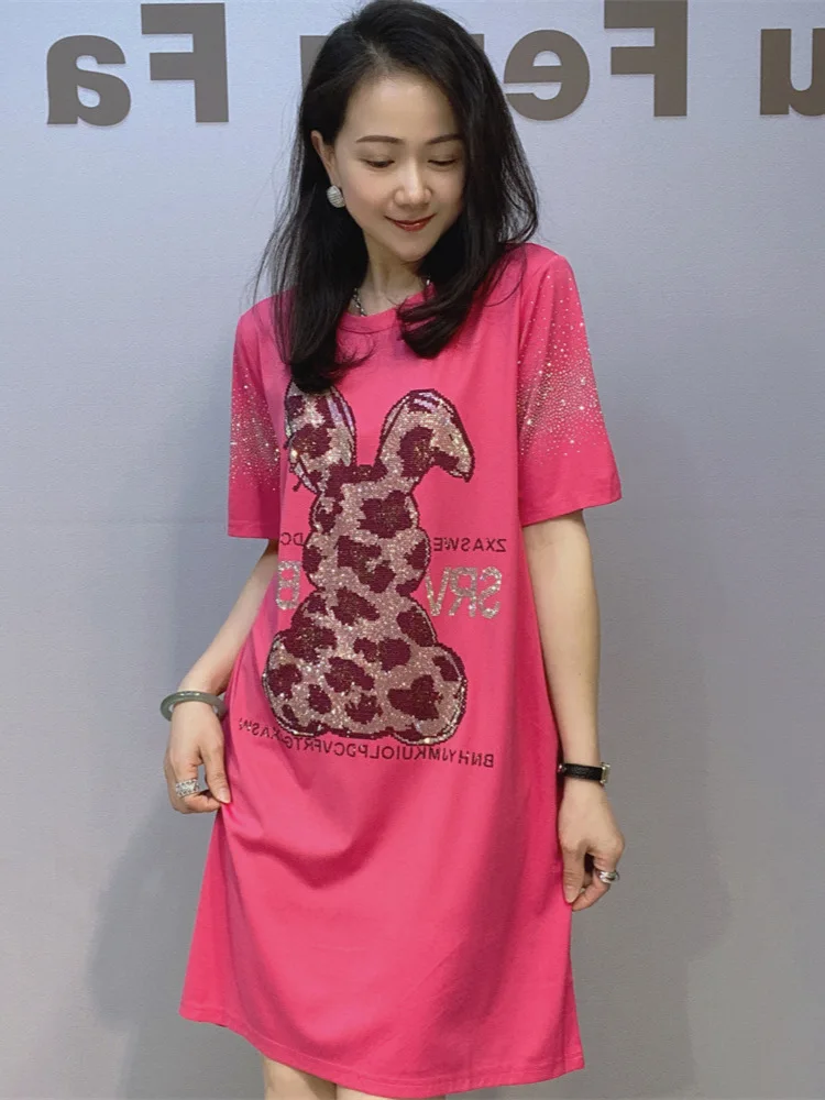 Women Medium-Length T-Shirt Women's Loose-Fit Cotton Crew Neck Top Hot Drilling Cartoonins Unique Short Sleeves Summer