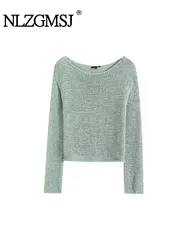 TRAF 2024 autunno solido elasticizzato lavorato a maglia donna maglione manica lunga pullover allentati Crop Top Y2K