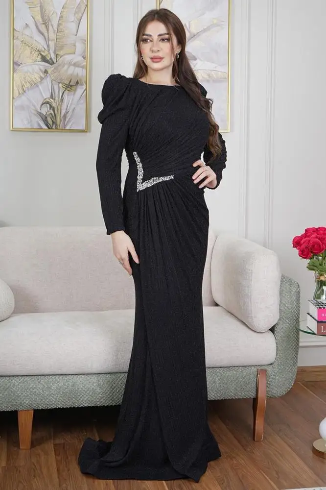 Jirocum Luxury Puffy Sleeve Black Evening Dresses Round Neck Crystal Embellished Dress for Formal Gala Party Prom Dresses