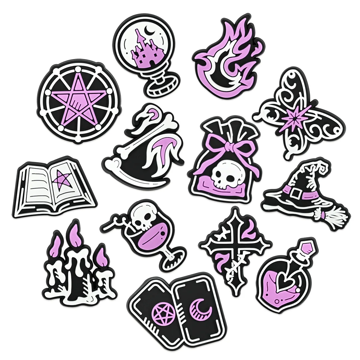 Halloween Gothic Occult Shoe Charms, Magic Witch Clog Charm Crystal Ball Spell Book Potion Hat Broom Skull Tarot Shoe Accessory