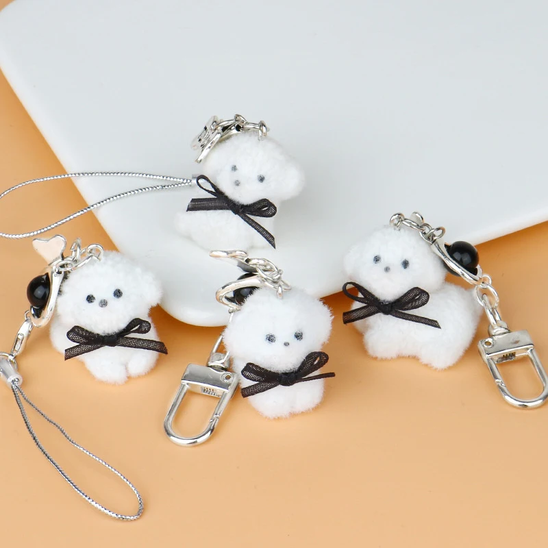 Furry Bowknot Puppy Keychain White Flocking Dog Charm Pendant Keyring Jewelry For Girl Women Gift Bag Decoration