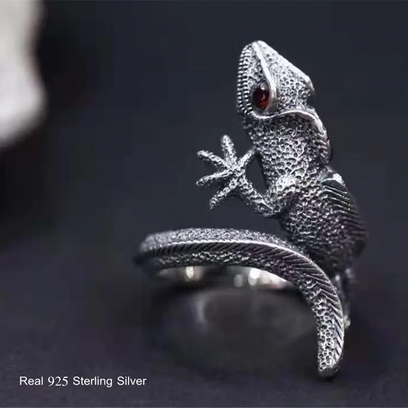 S925 Sterling Silver Male Ring Finger Elegant Lizard Open Ring for Men Fashion Unique Animal Punk Fine Jewelry Circle Gift