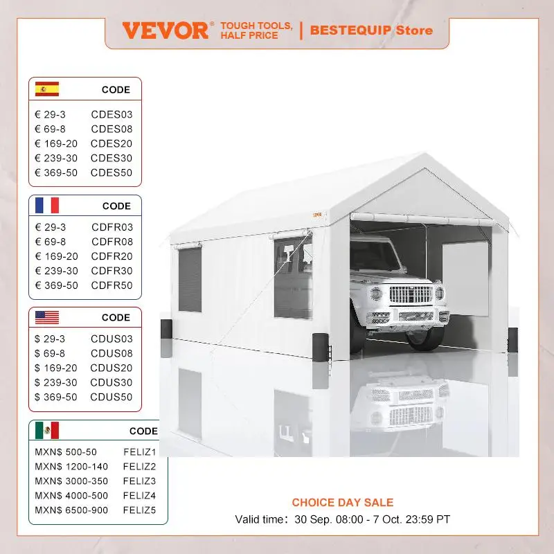 VEVOR Carport Extra Large Portable Garage with Removable Sidewalls Waterproof UV Resistant All-Season Tarp for SUV Truck Boat