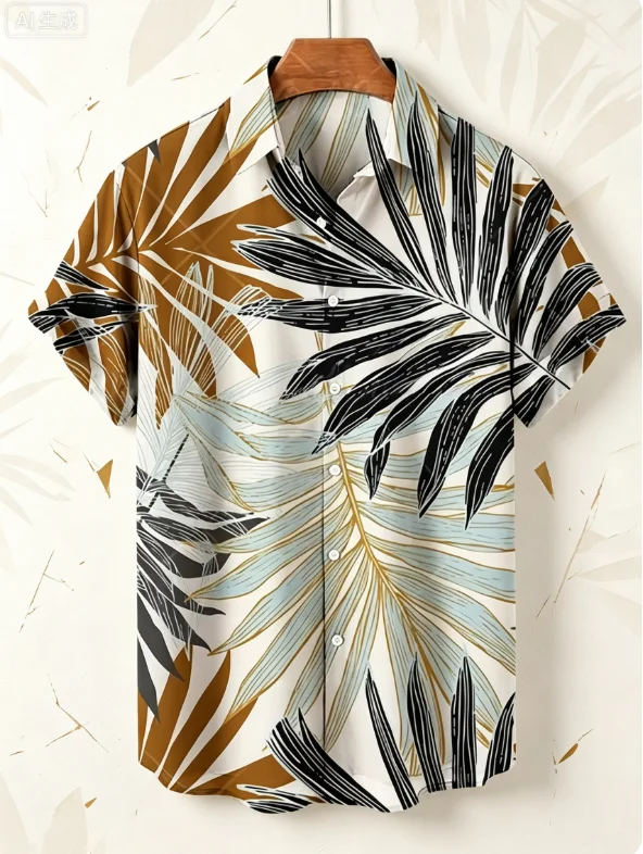 Men Hawaiian Palm Mountain Sunset Print Short Sleeve Shirt Lapel Collar Button‑Up Polyester Beach Blouse