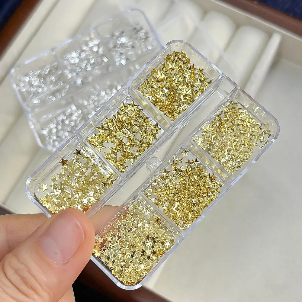 6Gird Boxed 3D Legierung Pentagramme Nagel Nieten Ohrstecker Gold Silber Metall Stern Schmuck Nagel Charms Metallic Juwelen Maniküre Zubehör