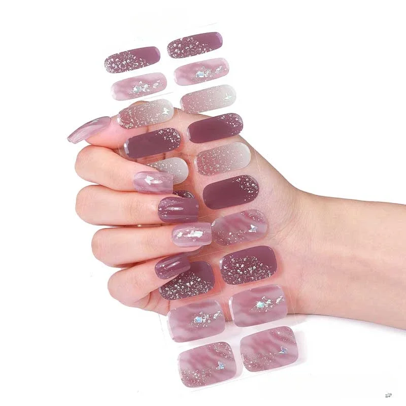 20Tips Semi-Cured Nail Wraps Simple Color Adhesive Waterproof Long Lasting Gel Nails Stickers set for UV Lamp Need Manicure