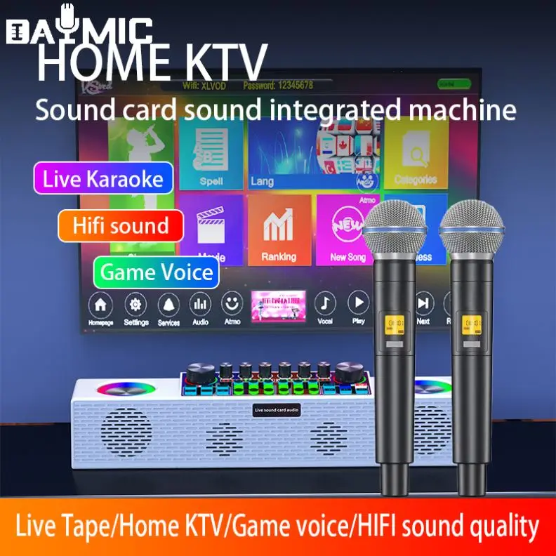 Pro Sound Equipment Speaker Sound Card With Dual Wireless Microphone Ktv Livestream  Home Family KTV Studio Karaoke