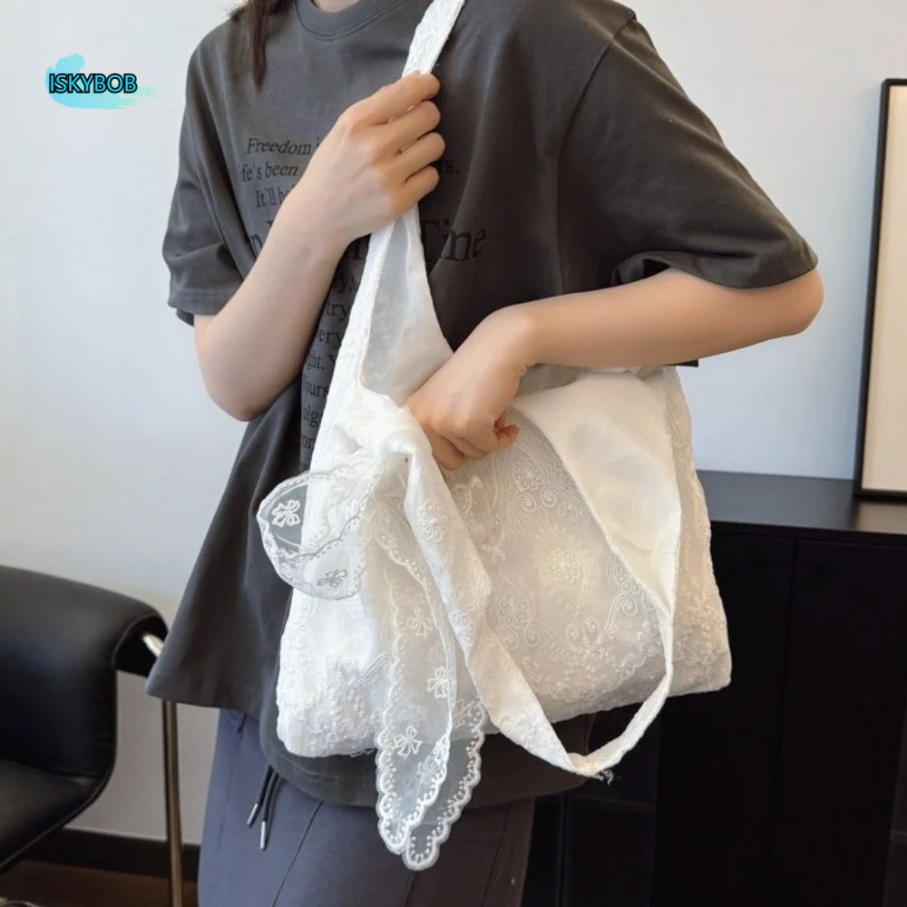 

Big Pouch Embroidery Lace Shoulder Bag Tote Bag With Ribbon Canvas Handbag Korean Style Vest Bag Large Capacity Bag Girls