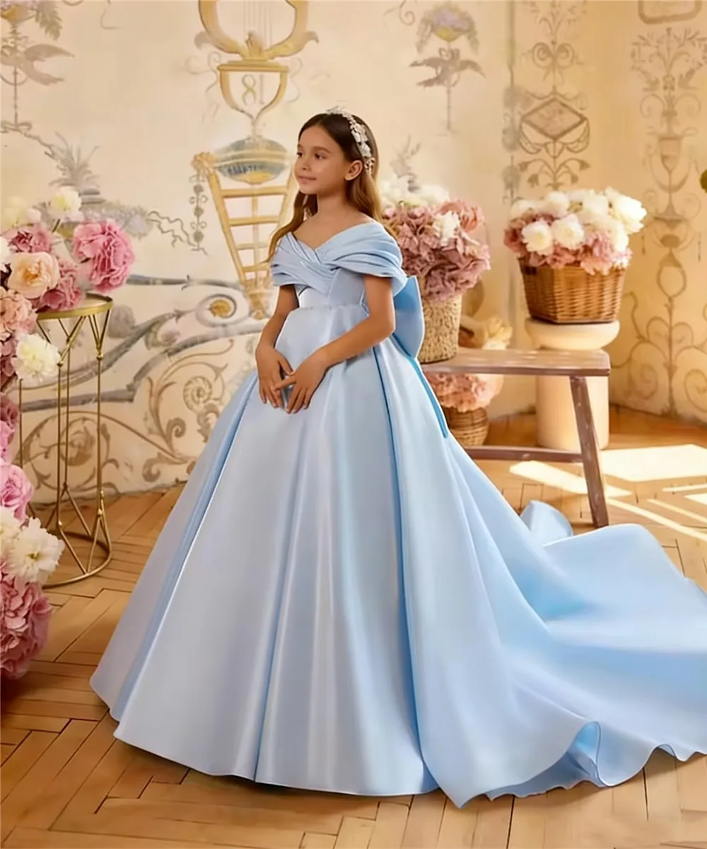 

Customized Sky Blue Flower Girl Dress for Wedding Floor Length With Bow Kids Birthday Kids Evening Party First Communion Gowns