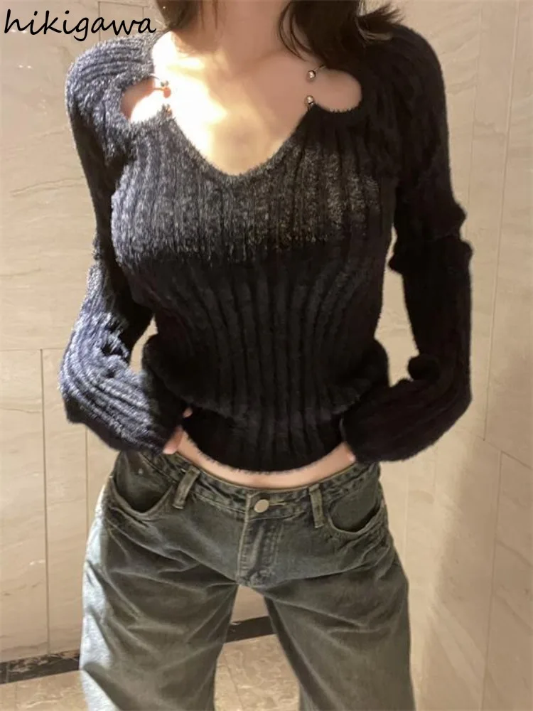 Metal Ring V-neck Tunic Pullovers Women\'s Clothing Sueter Mujer Chic Korean Jumper Pull Femme Casual Furry Knitted Sweater Tops