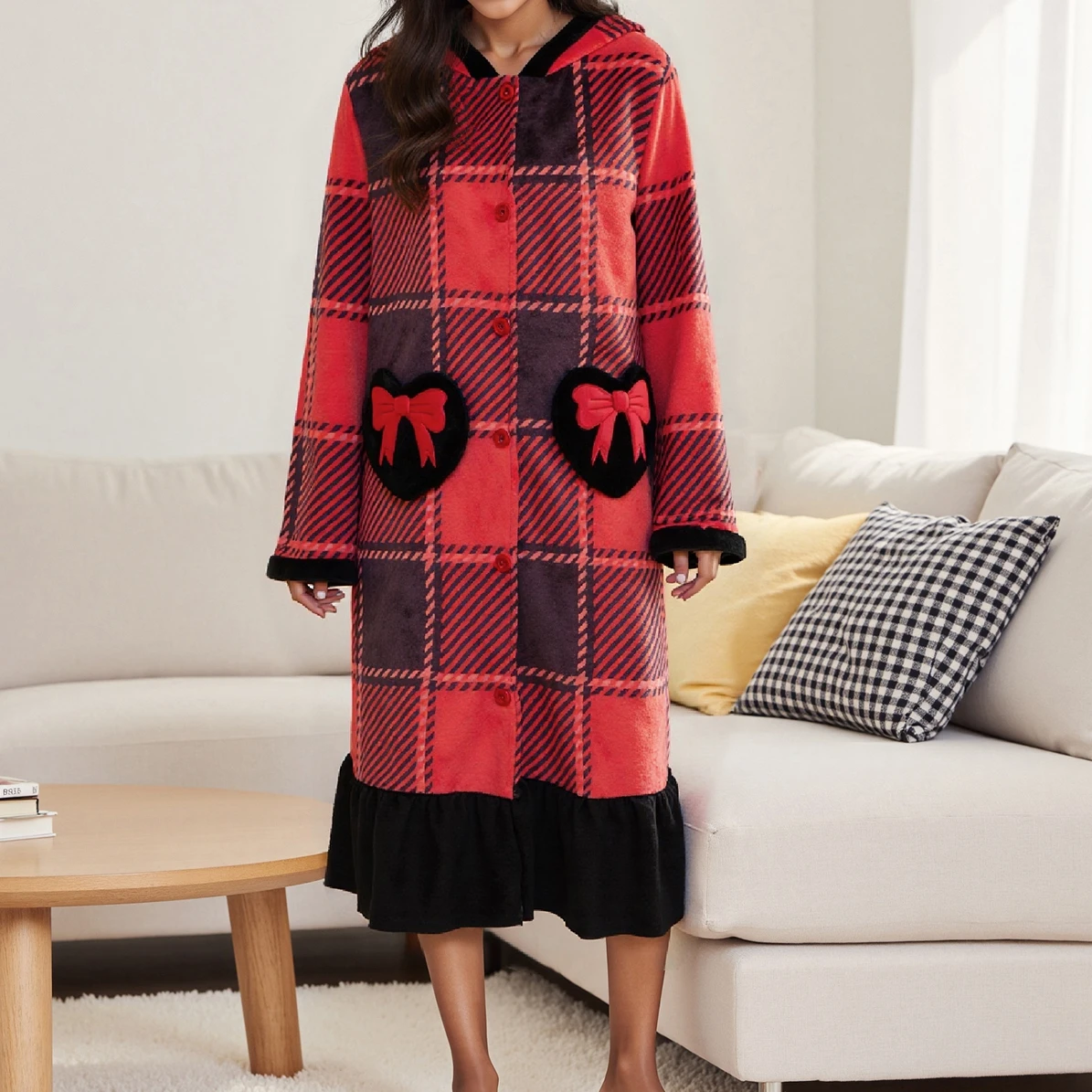 

Women's Flannel Plaid Patchwork Nightgown Fashionable Loose Fit Bow Embroidery Long Sleeve Mini Hooded Lounge Dress