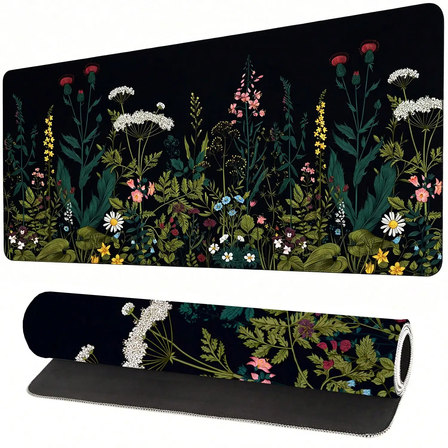 Floral Pattern Extended Gaming Mouse Pad, Abstract Black Desk Mat, Floral Texture Non-Slip Rubber Bottom, Stitched Edge Keyboard Mouse Pad, Suitable For Office