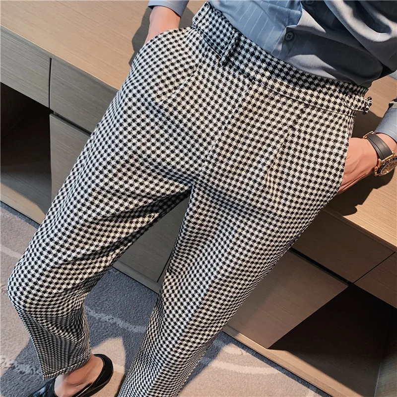 British Style Autumn New Fashion Stripe Plaid Suit Pant Men High Waist Design Slim Fit Office Pants Mens Groom Wedding Trousers