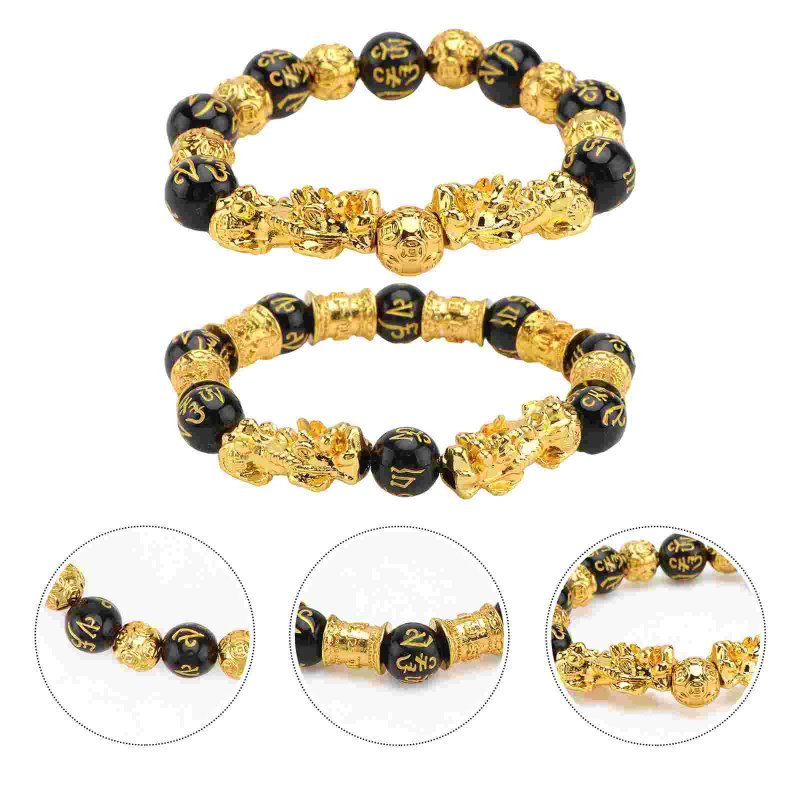 2 Pcs Necklaces Feng Shui Buddha Bead Bracelet Alloy Bangle Obsidian Auspicious Decorative Men and Women