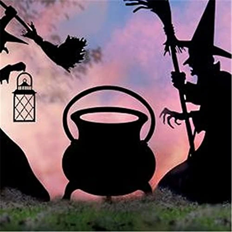 Halloween Witch Silhouette, Wrought Iron Witches Black Cauldron Black Cat Yard Signs Scary Family Home Front Yard C Black