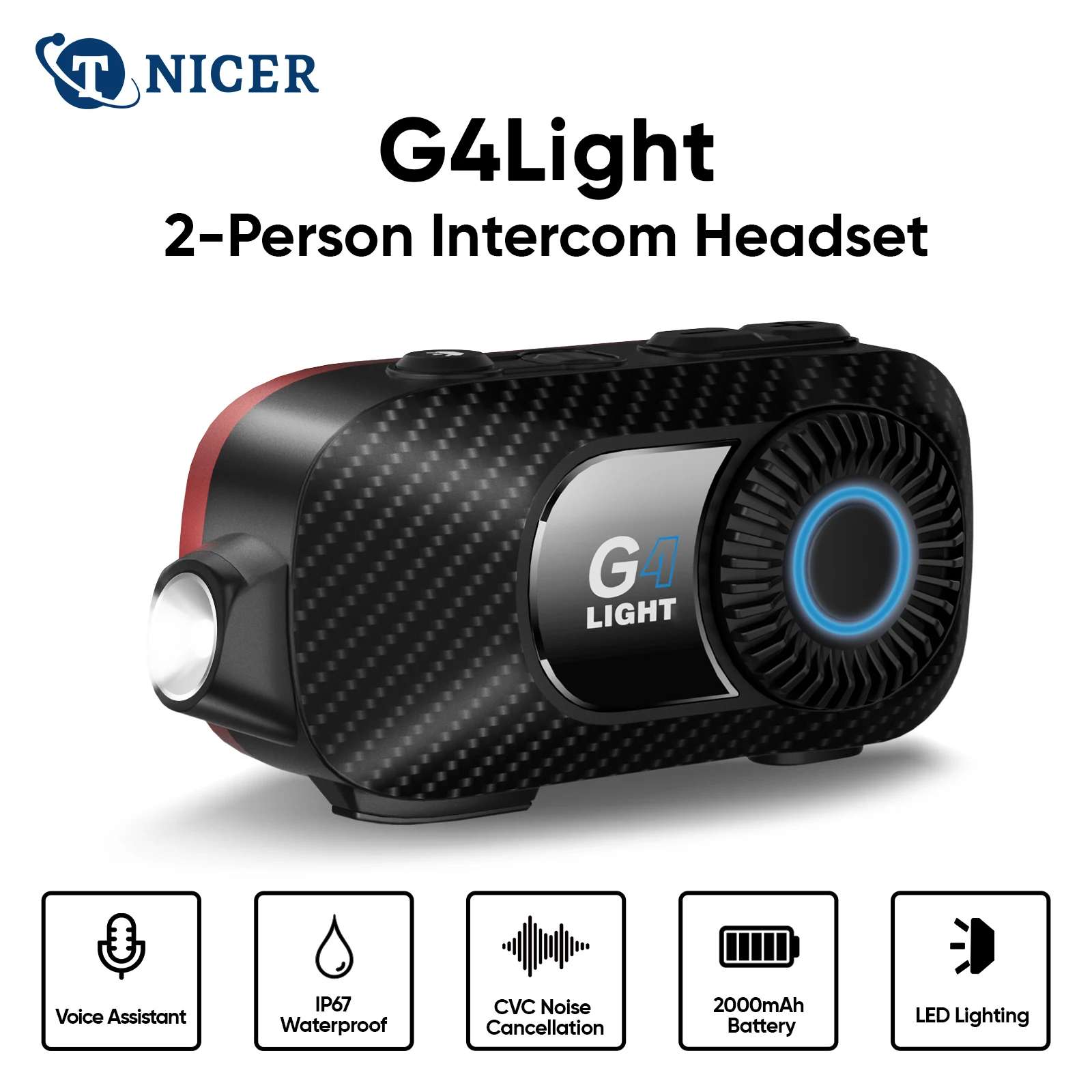 

TNICER G4Light tandem motorcycle walkie-talkie, 600-meter communication range, LED light, Bluetooth 5.2, 2000mAh battery.
