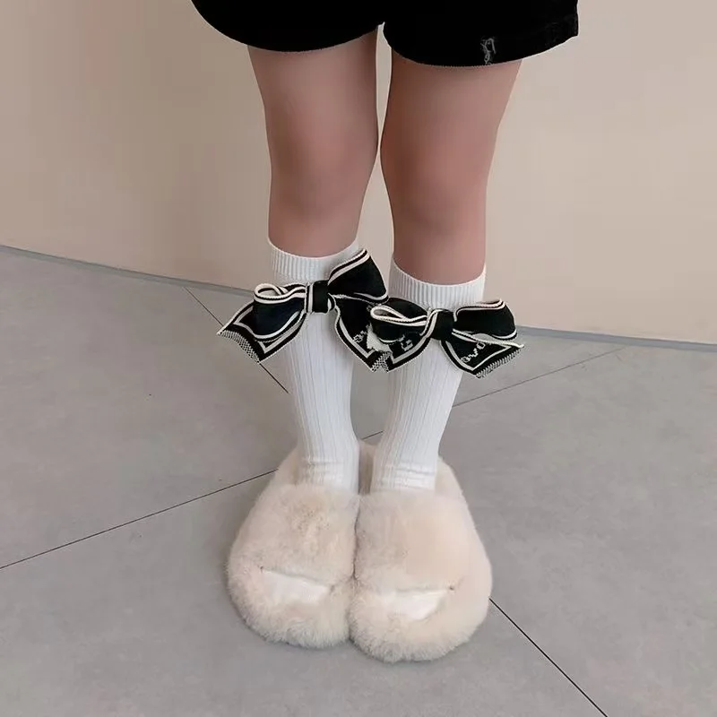 New Preppy Fabric Large Bow Embroidered Letter Cotton Crew Socks Fall Winter Women Academia Fashion Girls Mid Calf Hosiery
